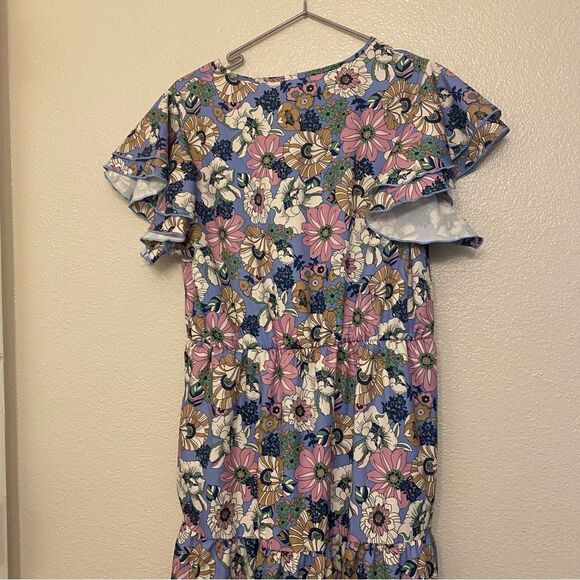 Floral print boho tiered v neck ruffle flutter sleeve purple Maxi summer Dress L - Picture 4 of 10